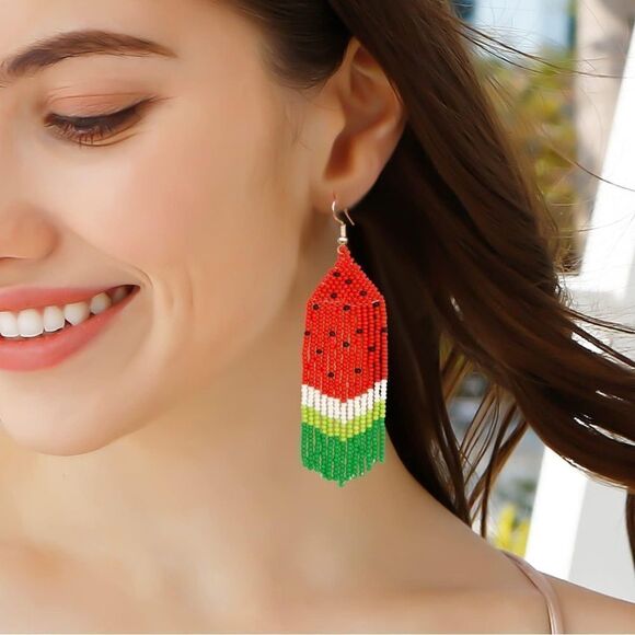 Watermelon Boho Seed Bead Tassel Dangling Statement French Wire Hook Earrings - Picture 6 of 8